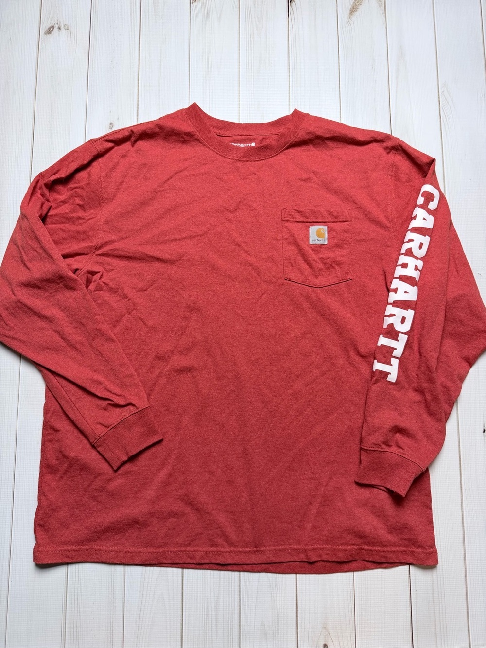 Carhartt Long Sleeve Pocket Tee in Brick Red with White Sleeve Logo - Picture 2 of 6